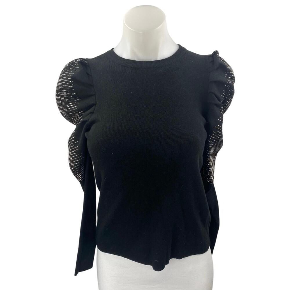 Unbranded Women's Black Jeweled Rhinestone Long Puff Sleeve Blouse Top Size S